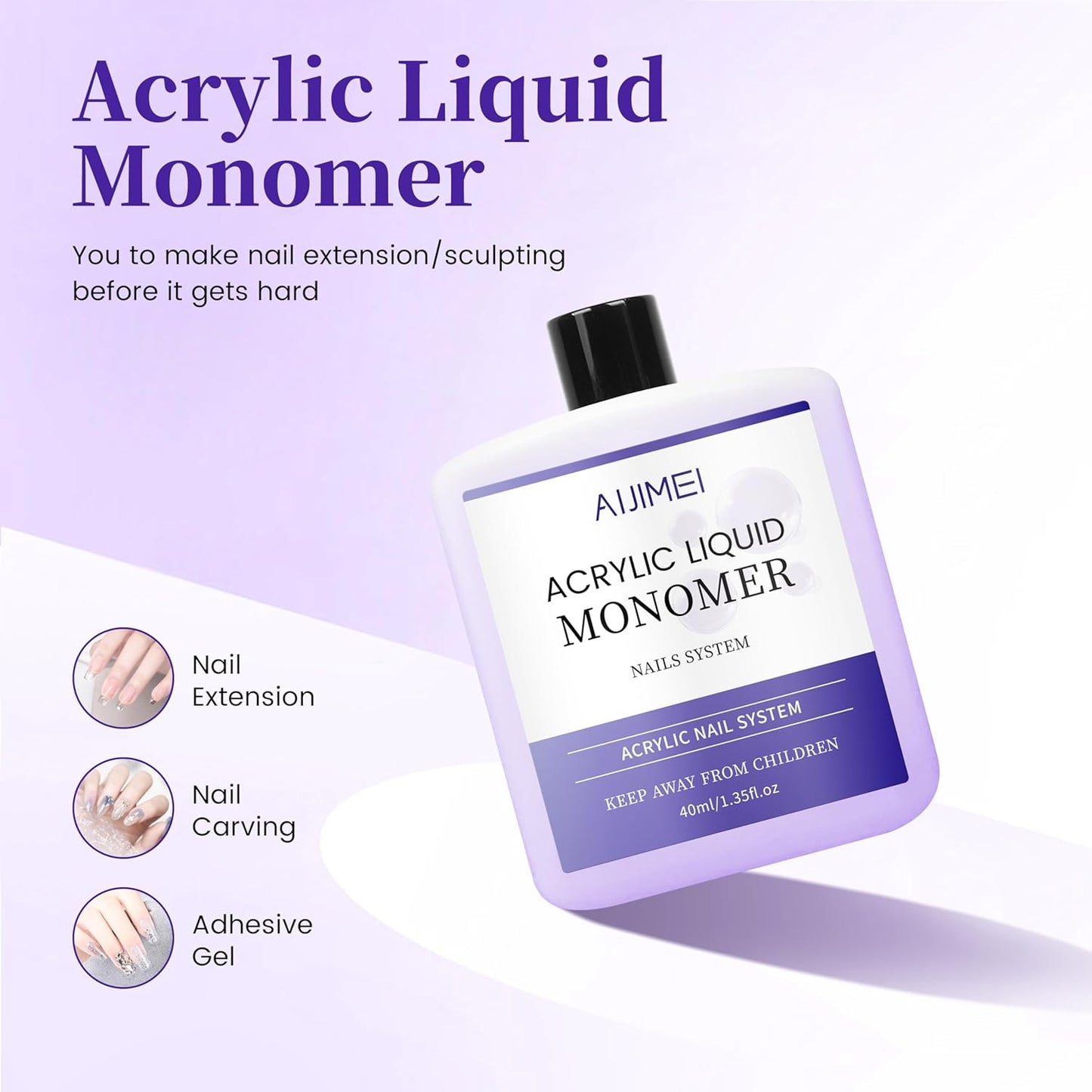 AIJIMEI Acrylic Liquid Monomer for Long Lasting 40ml Acrylic Liquid Professional Nail Art Supplies Suitable for Salon and Home (2pcs)