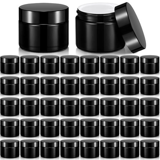 Domensi 32 Pcs 2 oz Glass Jars with Lids Travel Size Round Leakproof Empty Cosmetic Jars with Inner Liners Lid for Storing Makeup Lotions Face Cream Ointments Candle DIY Making (Black)