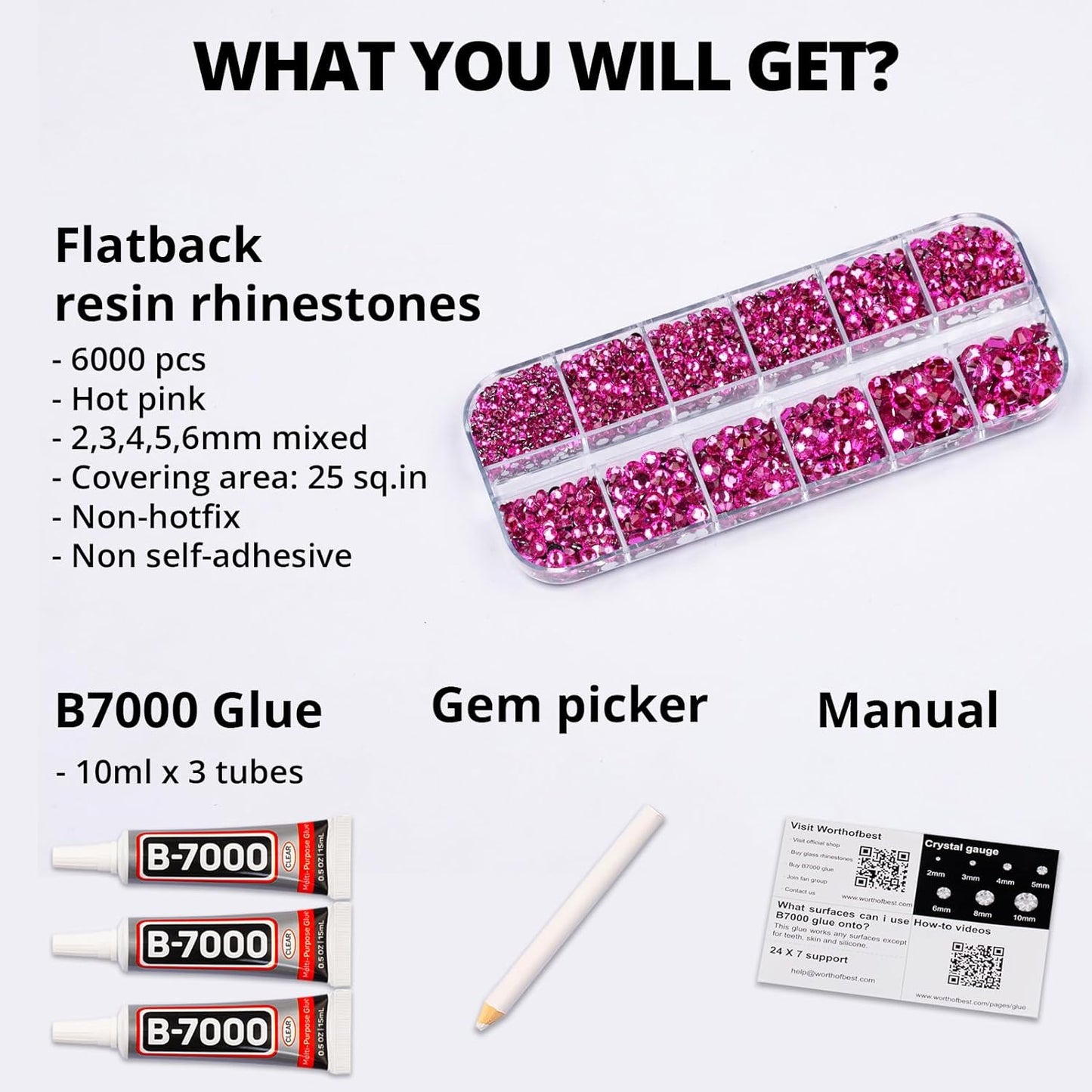6000Pcs Hot Pink Rhinestones Set for Crafting Bedazzling with b7000 Glue, Shiny Resin Flatback Jewel for Crafts Clothing Tumblers Fabric Tumblers Cups Bows, Flat Back Gems Diamond Many Sizes