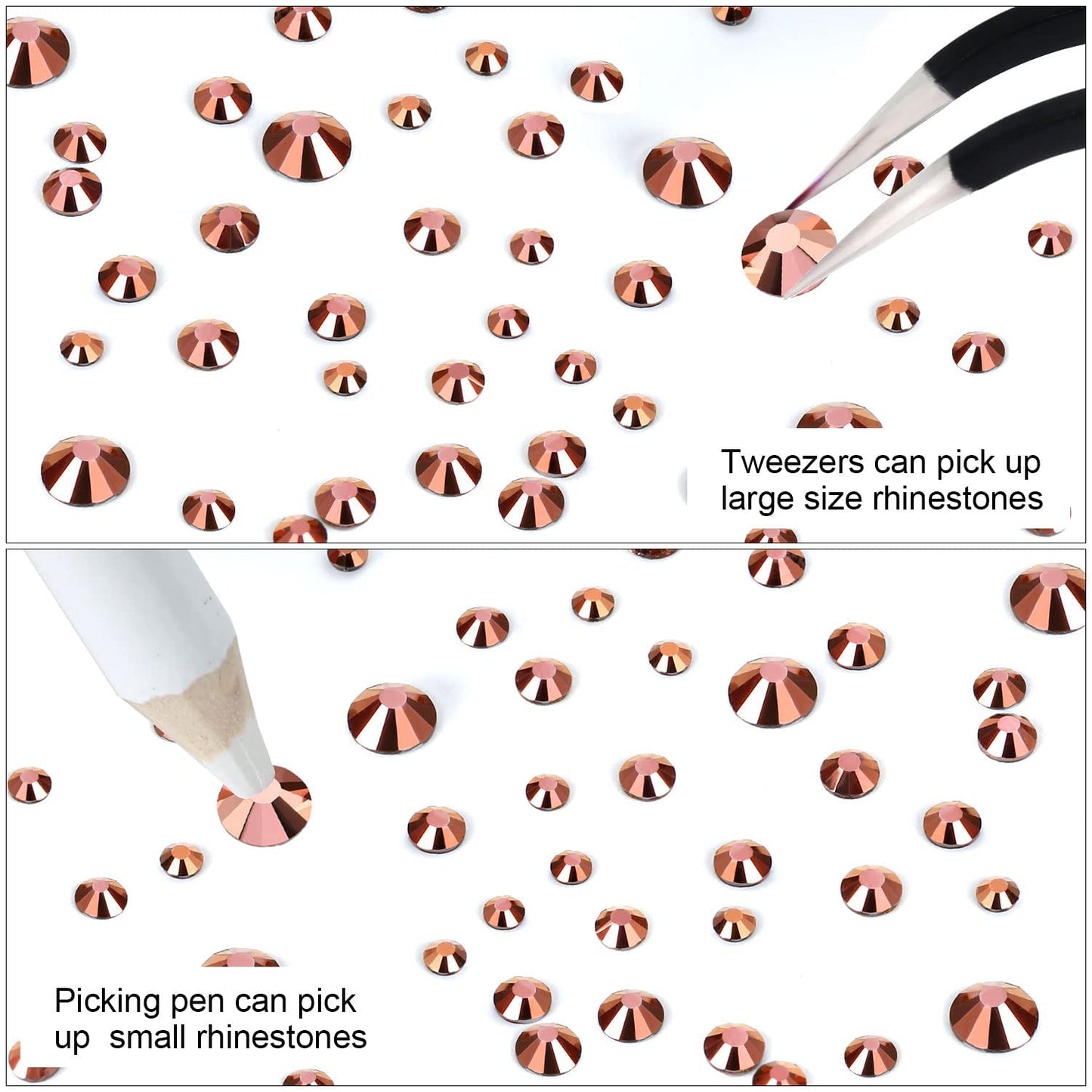 4240Pcs Rosegold Flatback Rhinestones 6 Sizes Crystal Diamonds for Nail Art Crafts Clothes Shoes with Tweezers and Picking Pen