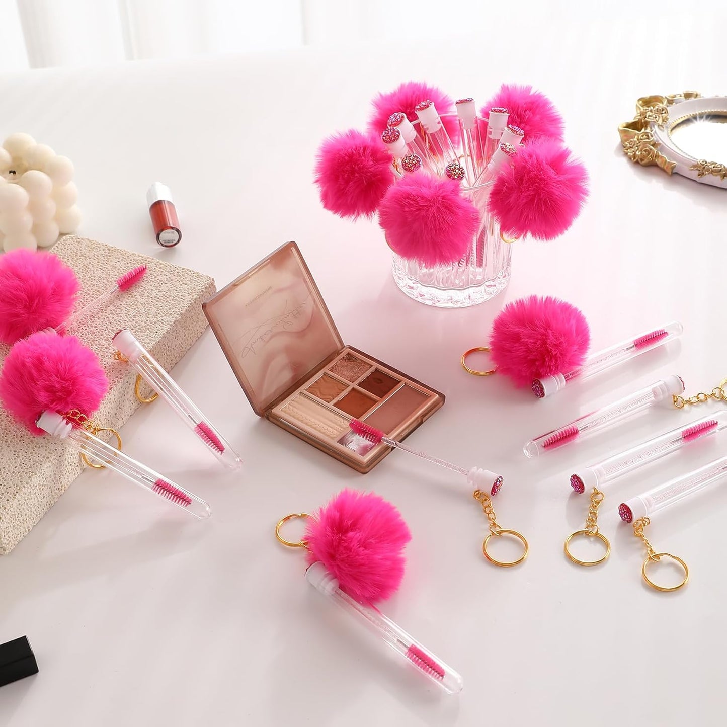 Upgrade 48 Pieces Disposable Mascara Wands Set,Diamond Mascara for Women and Girls- Include 24 Pcs Crystal Lash Spoolies Brush and 24 Pcs Reusable Keychain Empty Eyelash Brush Tubes