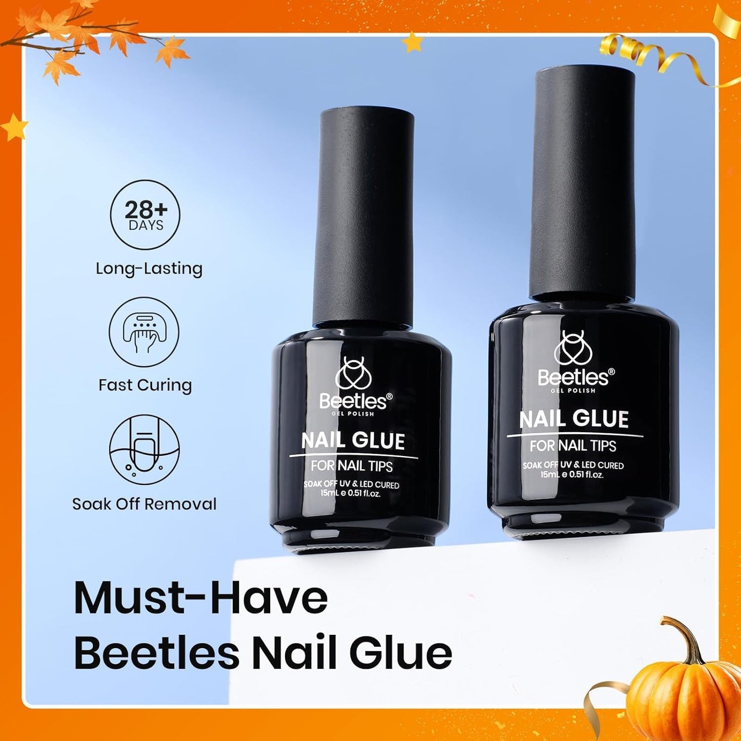 beetles Gel Polish 9 In 1 Gel Nail Glue for Clear Acrylic Nail Tips 2 Pcs 15ml Long Lasting Nail Gel Kit for False Nails Tips, Base Blooming Nail Gel, Fall Halloween Nails, U V Light Required