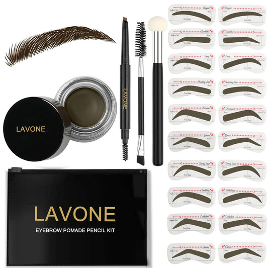 LAVONE Eyebrow Stamp Stencil Kit - Brow Stamp Trio with Waterproof Pencil, Pomade, 20 Stencils, Dual-ended Brush and Sponge Applicator - Ebony