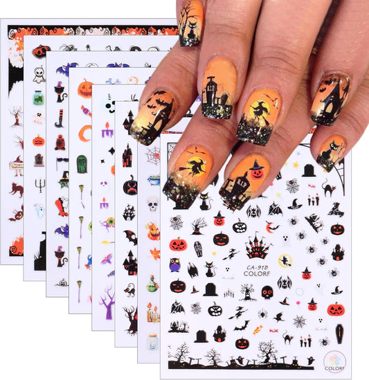8Sheets Halloween Nail Art Stickers 3D Spider Web Nail Decals Acrylic Pumpkin Head Spider Web Bat Designs Clown Witch Hat Nail Design Halloween Nail Decorations Supplies for Women Manicure Decorations