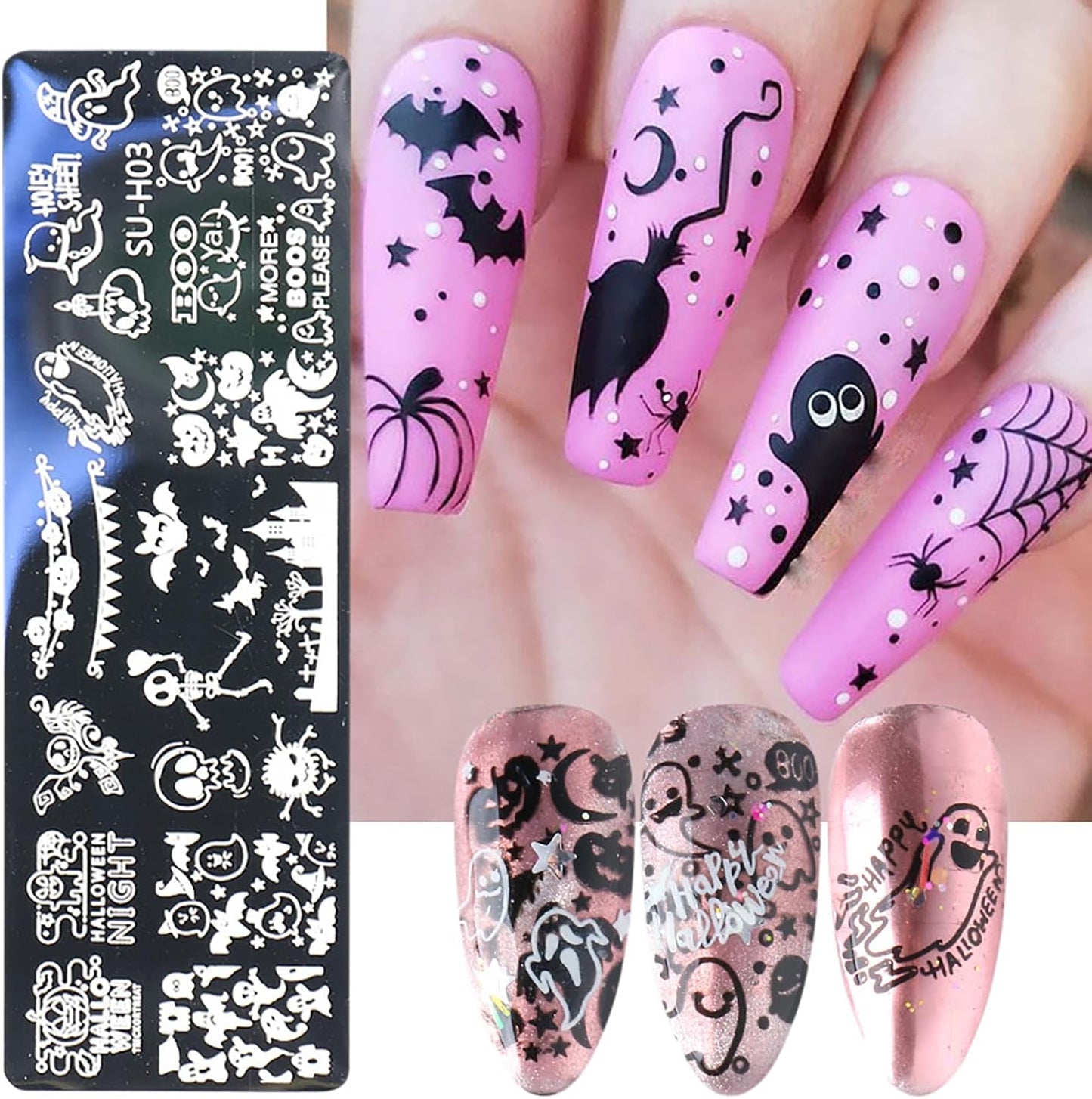Halloween Nail Stamping Plate Art Stamping Kits DIY Printing Tools with Pumpkin Bat Witch Spider Owl Ghost Face Design Fashion Nail Stamp Art Decoration for Women 6Pcs
