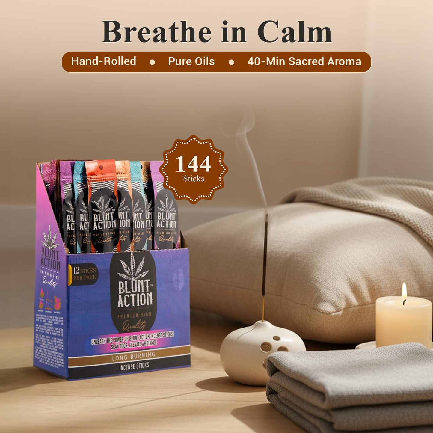 Tulasi Blunt Action Incense Sticks, 12 Packs, 144Pc, Long Lasting Fragrance, Natural Essential Oils Hand Rolled Incense Sticks for Aromatherapy, Relaxing, Yoga, Meditation, Prayer