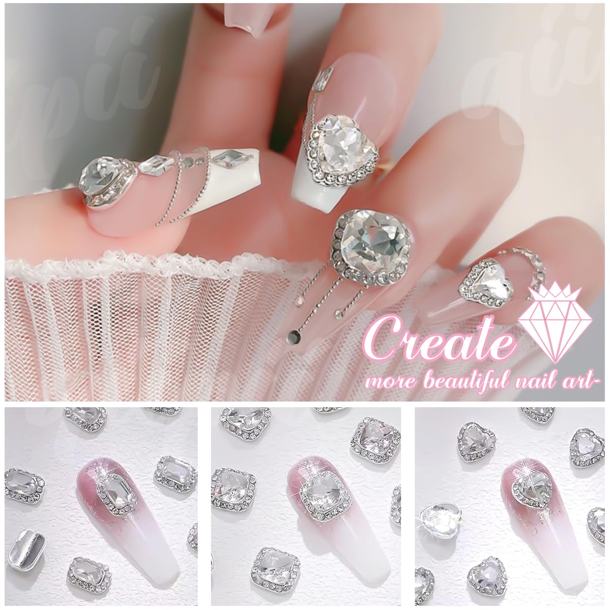24Pcs 3D Alloy Silver Clear Nail Art Rhinestones Luxury Charms for Nails- 3D Alloy Heart Nail Charms, Elegant Silver Nail Crystal Diamonds Stones Studs for Acrylic Nails DIY Crafts Jewelry