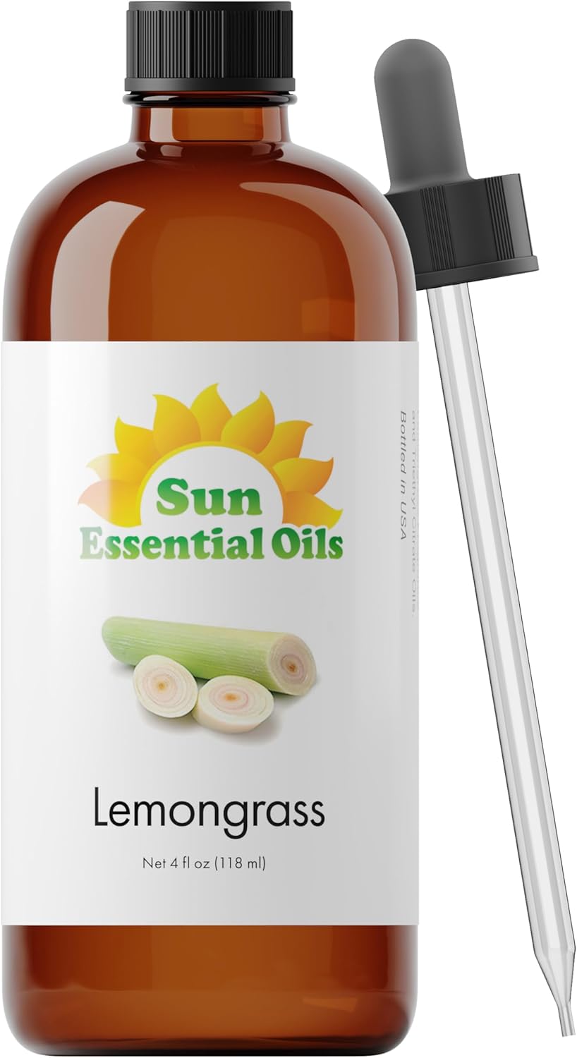 Sun Essential Oils - Lemongrass Essential Oil 4 oz with Dropper for Diffuser, Hair & Skincare, Aromatherapy Massage, Humidifier, Candle, Soap & Lotion Making at Home