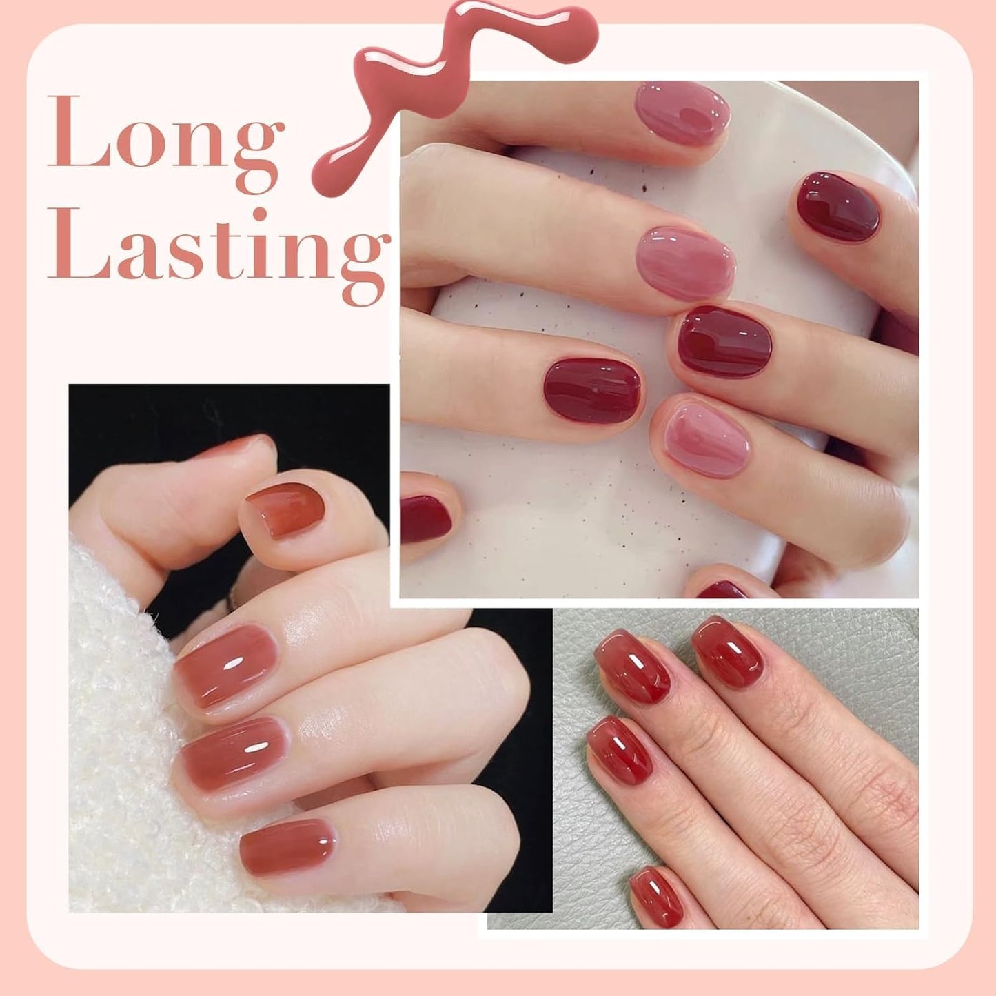 AZUREBEAUTY Jelly Nail Polish Set 4 Colors Nude Brown Red Purple Quick Dry Transparent Sheer Nail Polish Natural Nail Lacquer Fingernail with Top Coat DIY Salon Home