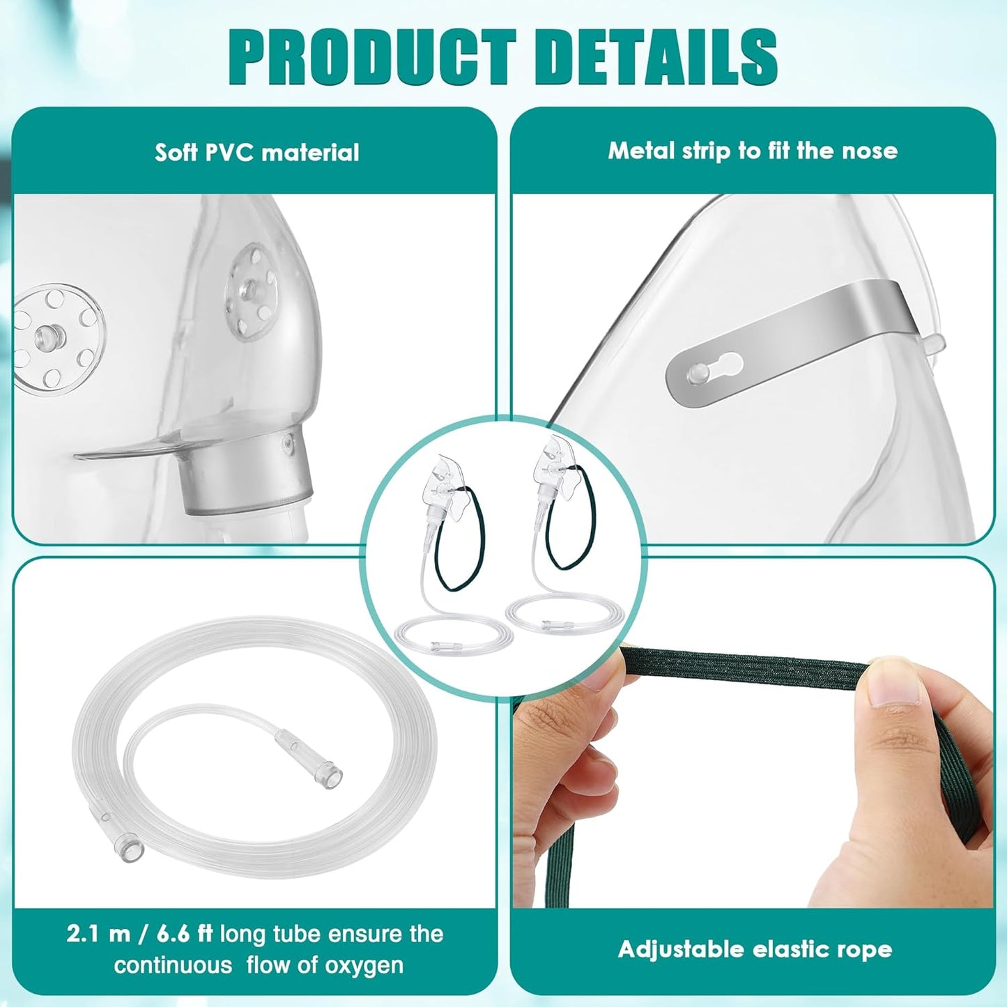 Geiserailie 2 Pack M Size Oxygen Mask with 6.6 Ft Tubing and Adjustable Elastic Strap, Adult Oxygen Mask with Tubing, Transparent Masks for Face Adult