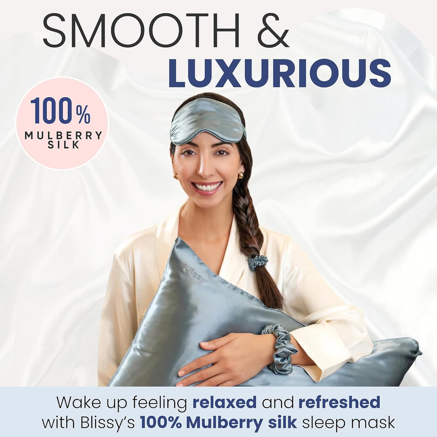 Blissy Silk Sleep Mask - Silk Eye Sleeping Mask for Women & Men for Total Blackout - 100% Pure Mulberry Silk, 22 Momme 6a Fibers - Blindfold Silk Sleep Mask Side Sleeper Eye Cover (Ash Blue)