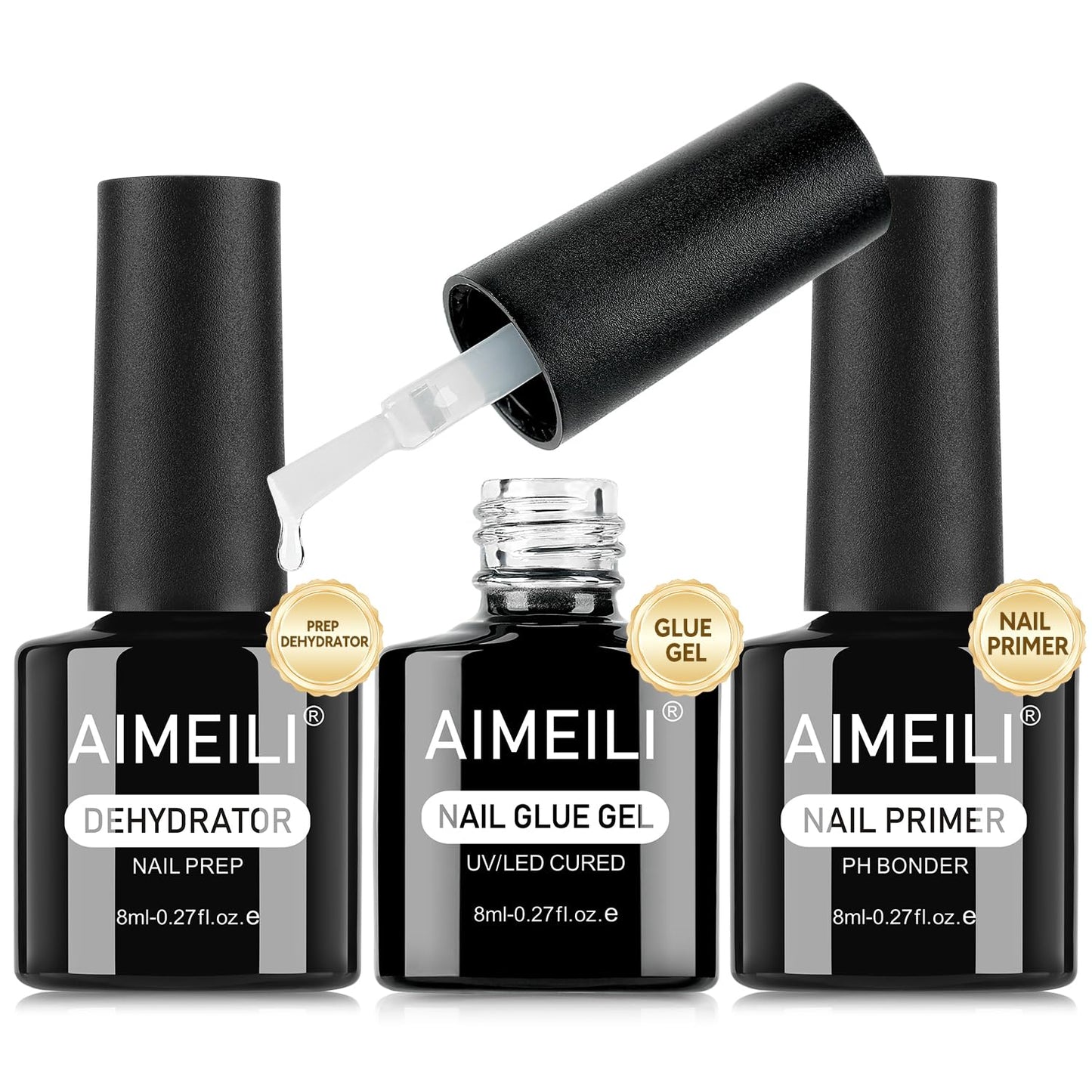 AIMEILI 3Pcs Gel Nail Glue Nail Dehydrator and Primer, Hema Free, Cruelty Free, Vegan, Clear High Gloss Gel Nail Polish Long Lasting Nail Art