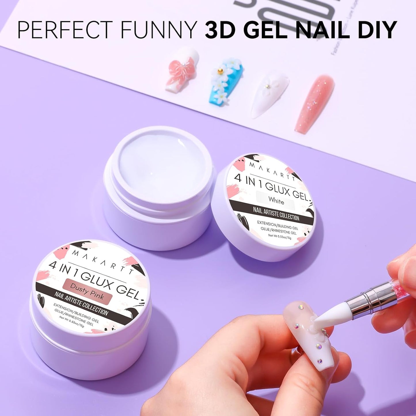 Makartt 3D Gel Nail Art: 4-in-1 Solid Gel Builder Non-sticky for Extension, 2pcs White and Dusty Pink 3D Sculpting Gels, UV Glue for Fake Nails, Rhinestones & Carving Hard Gels for UV/LED Lamp Require