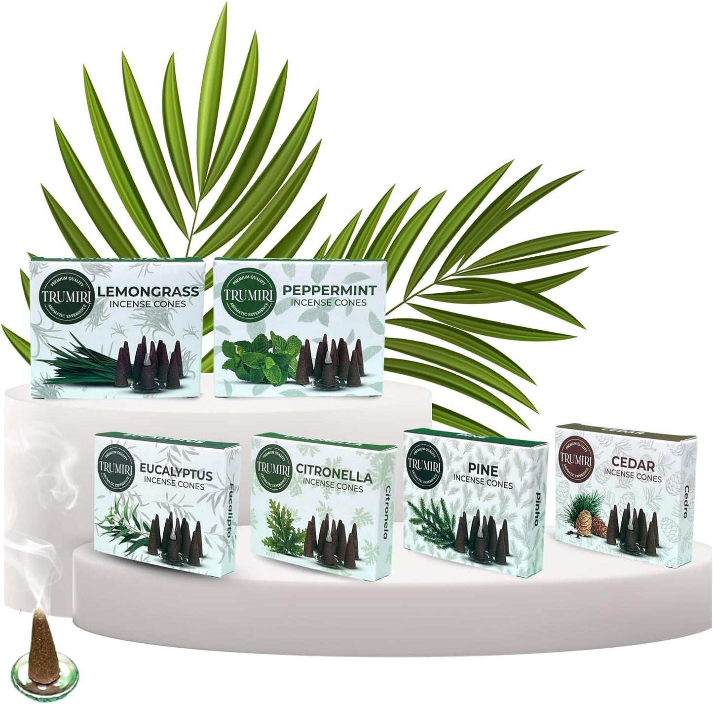 TRUMIRI Leafy Incense Cones - Variety Pack - Total 60 Cone Incense (6 Scents x 10 Conos) - Citronella Lemongrass Eucalyptus Peppermint Cedar Pine - Cone Incense Scents - Insense Cones - Incent Cone