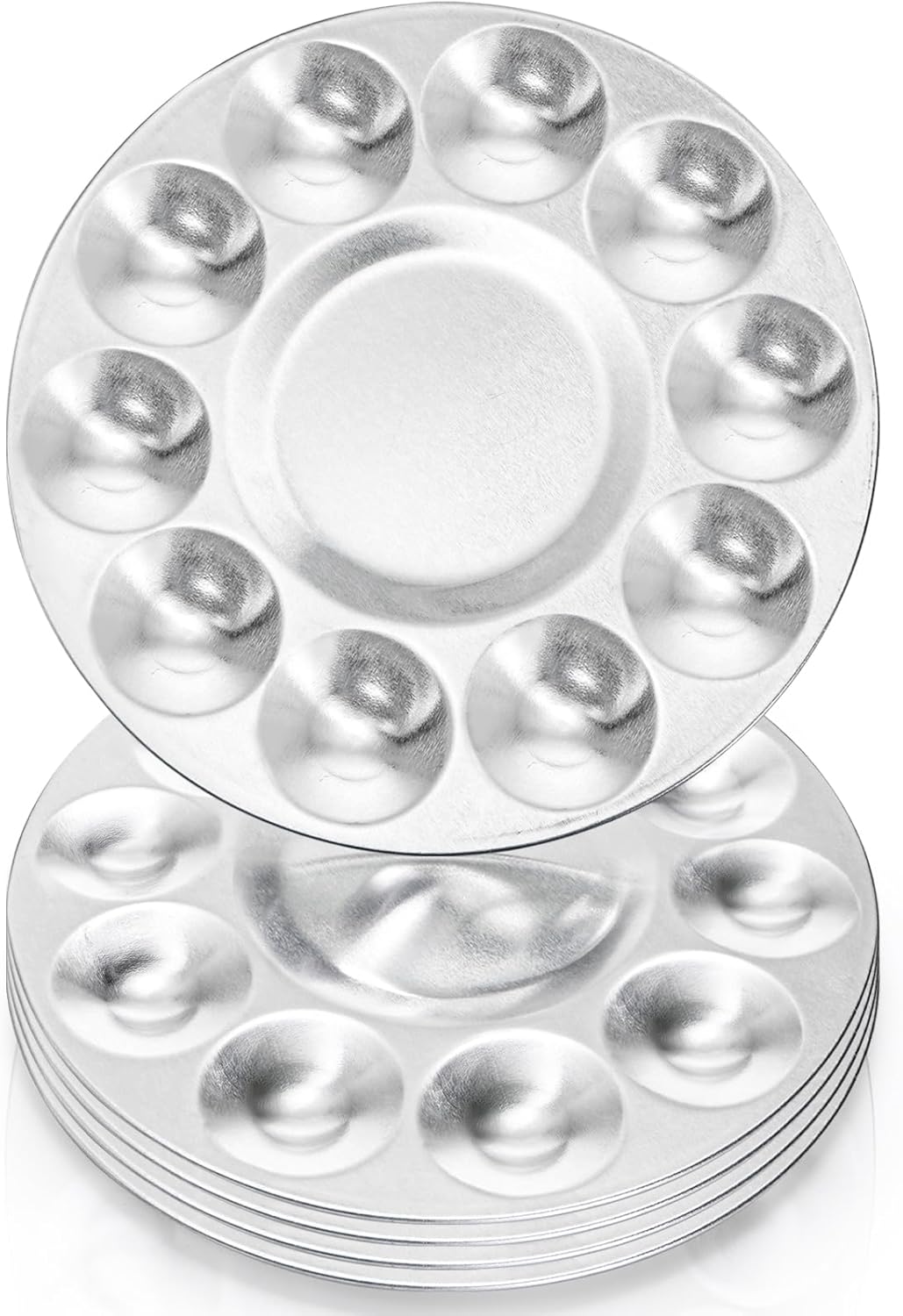 10 Pack Paint Tray Palettes, 6.7" Metal Paint Mixing Pallets, 10-Well Painting Palette, Washable Round Paint Holder Tray for DIY Craft Professional Watercolor Oil Art Painting Project, Silver