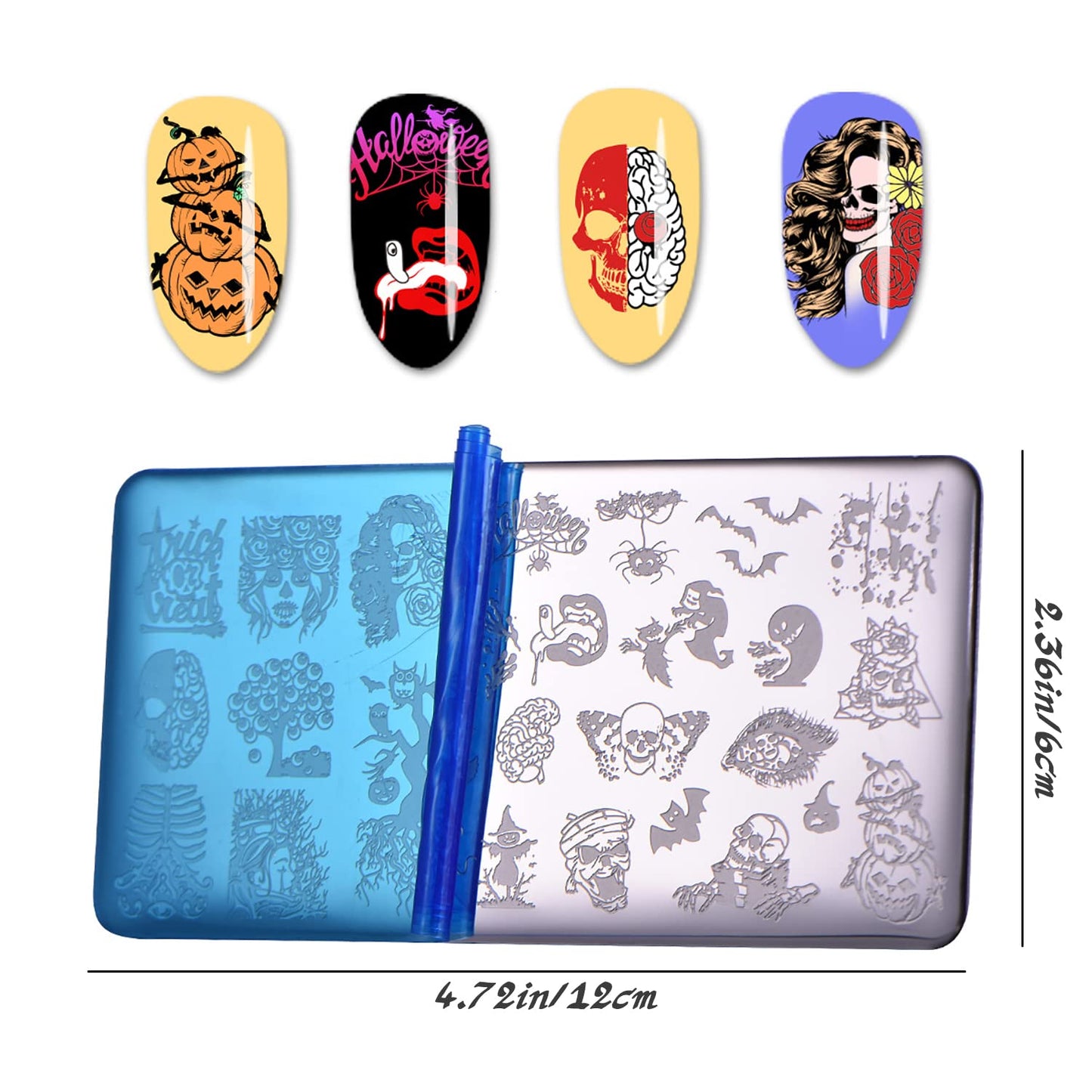 6 Pcs Halloween Nail Stamping Plate Skull Bat Witch Spider Web Halloween Nail Stamper Kit Pumpkin Grimace Blood Design Nail Template Decoration