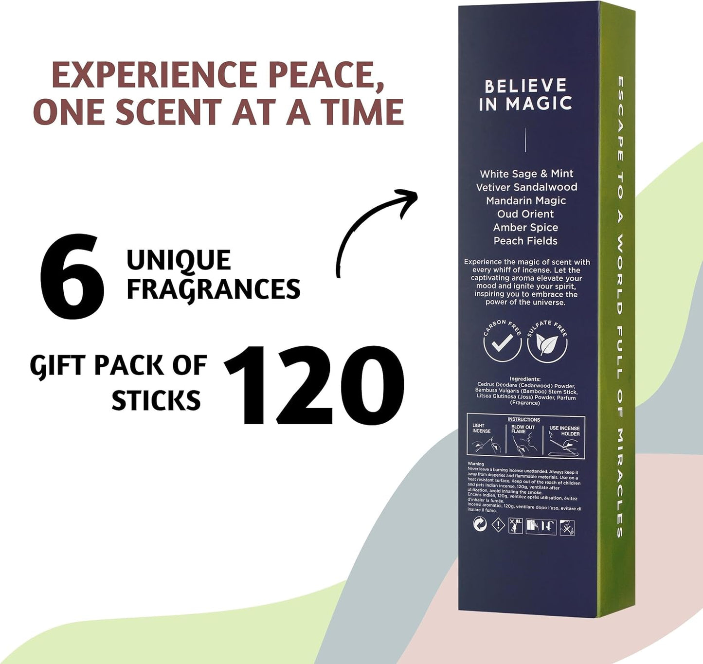 Folkulture Incense Sticks | Set of 6 (120 Non Toxic Insence-Sticks) with 45 Mins Burn Time | White Sage, Sandalwood, Oud Orient, Amber Space, Peach Fields | Organic Inscents-Stick Gift for Her