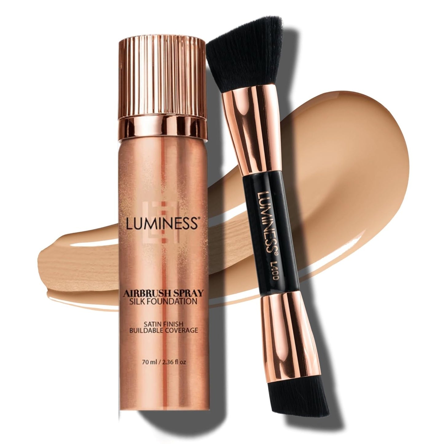 LUMINESS Silk Airbrush Spray Foundation & Buffing Brush Kit – Full Coverage Foundation & Dual-Sided Buffing Brush - Buildable Coverage, Anti-Aging Formula Hydrates & Moisturizes - Light Medium