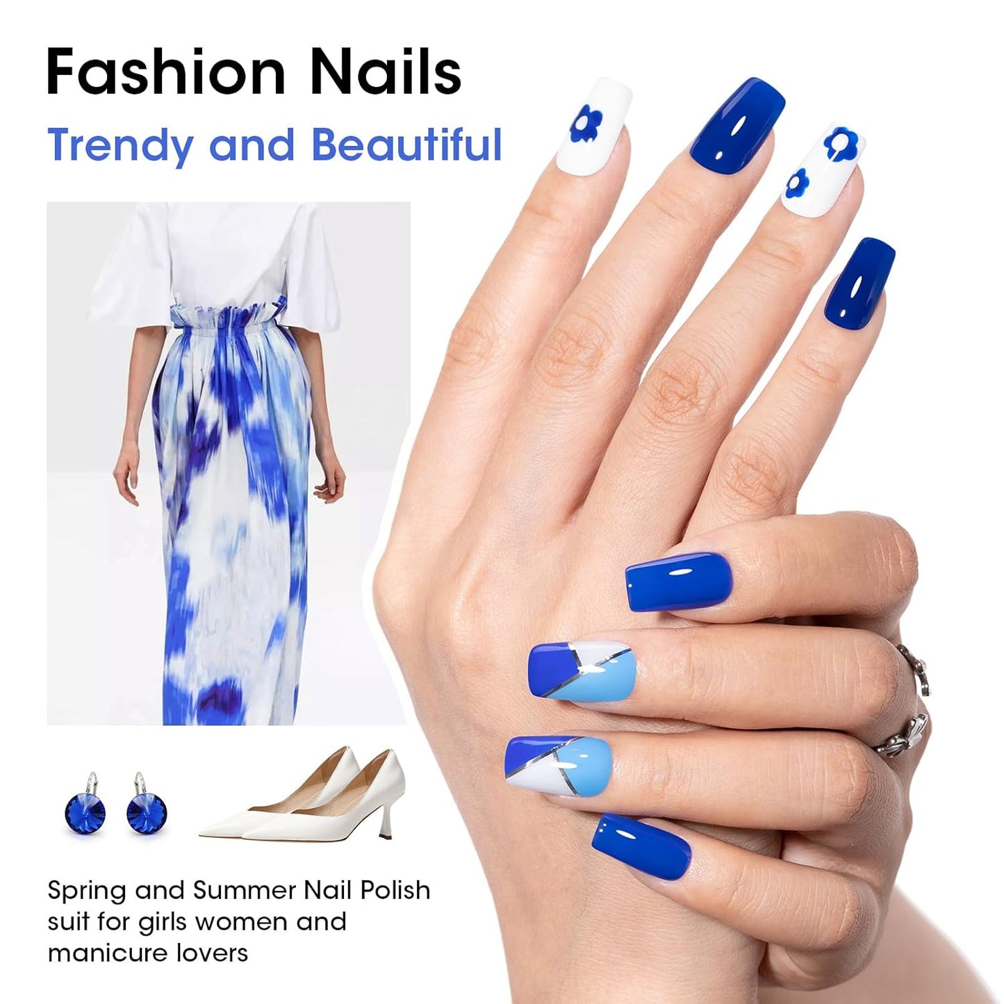 GELLEN Blue Nail Polish, Bright Navy Royal Baby Ocean Cobalt Blue White 6 Colors Set, insta Air Dry Natural Traditional Regular Nail Polish for Acrylic Natural Nails Salon Home, Non UV Gel, Hema Free