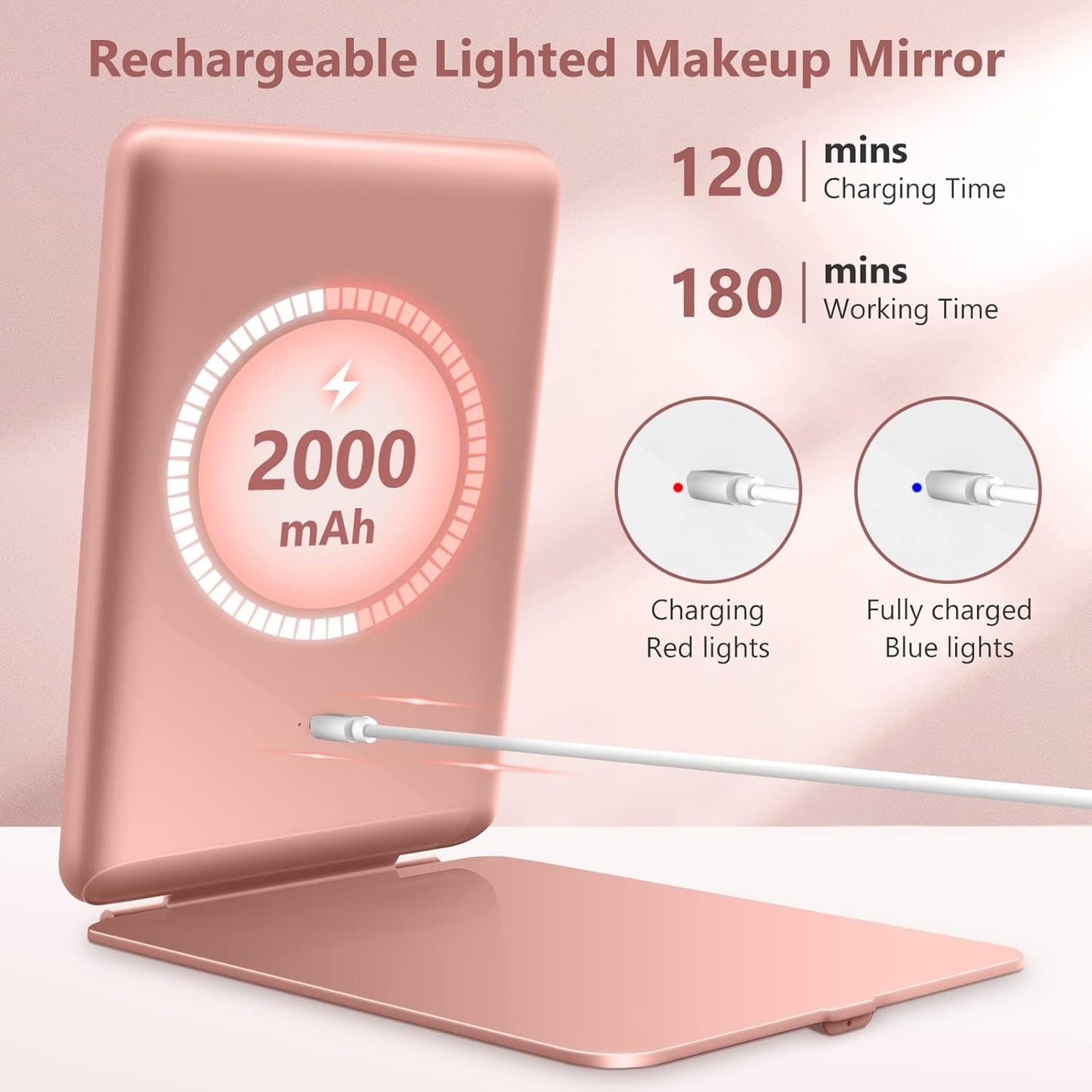 Rechargeable Travel Makeup Mirror, Vanity Mirror with 80LEDs, 3 Color Lighting, 2000mAh Battery, Portable Ultra Slim Lighted Makeup Mirror, Gift for Women (Rose Gold)