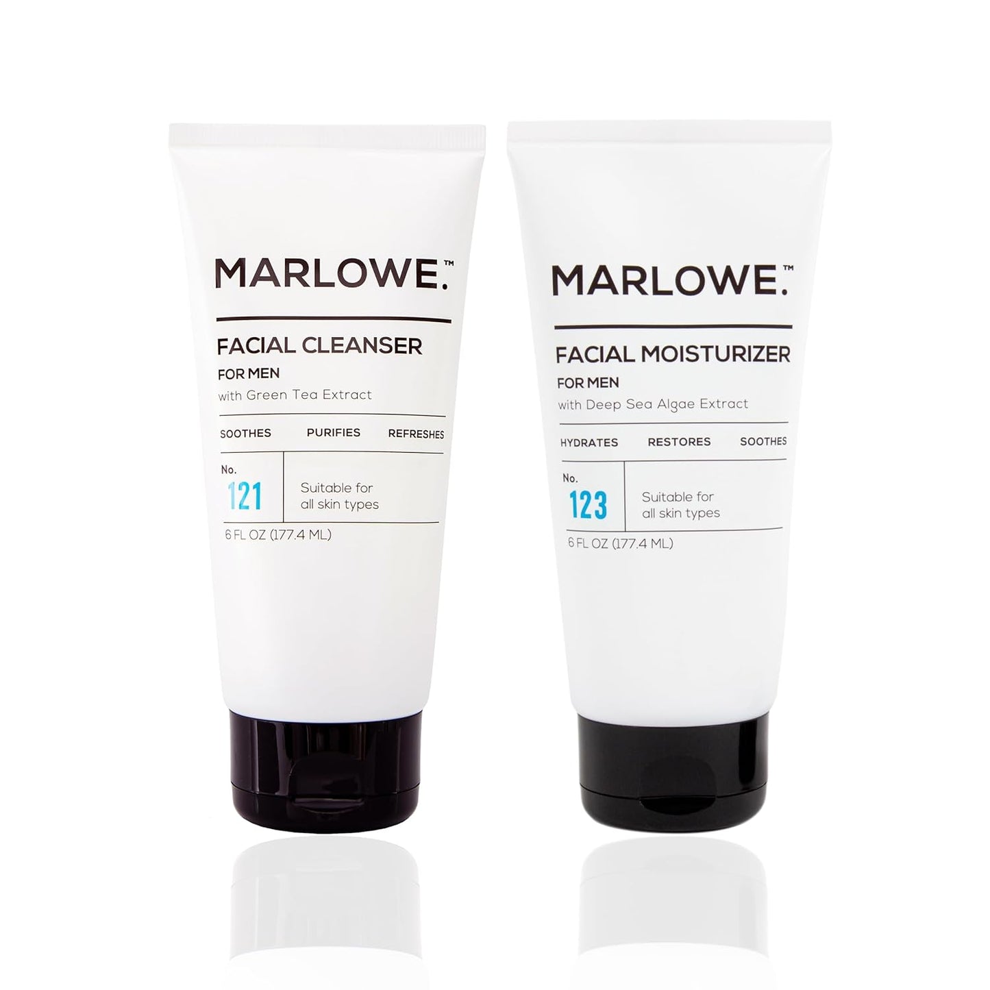MARLOWE. Face Cleanser & Moisturizer Skin Care Duo, No. 121 Facial Cleanser 6 oz & No. 123 Facial Moisturizer 6 oz with Green Tea & Deep Sea Algae Extracts, Purifies, Hydrates, Refreshes & Soothes