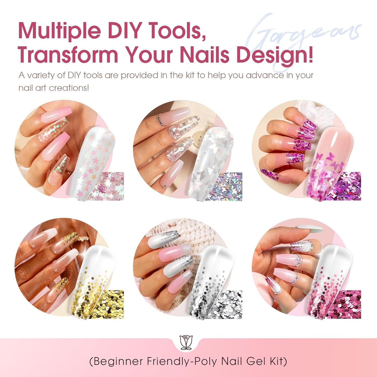 ROSALIND Poly Nail Gel Kit -20 Colors + 72Nail Art Accessories Kit, Nude Clear Poly Nail Gel Nail Kit Starter Kit with Big U V Lamp Slip Solution for Pink Nail Extensions Gel Dual Forms Nail Brush