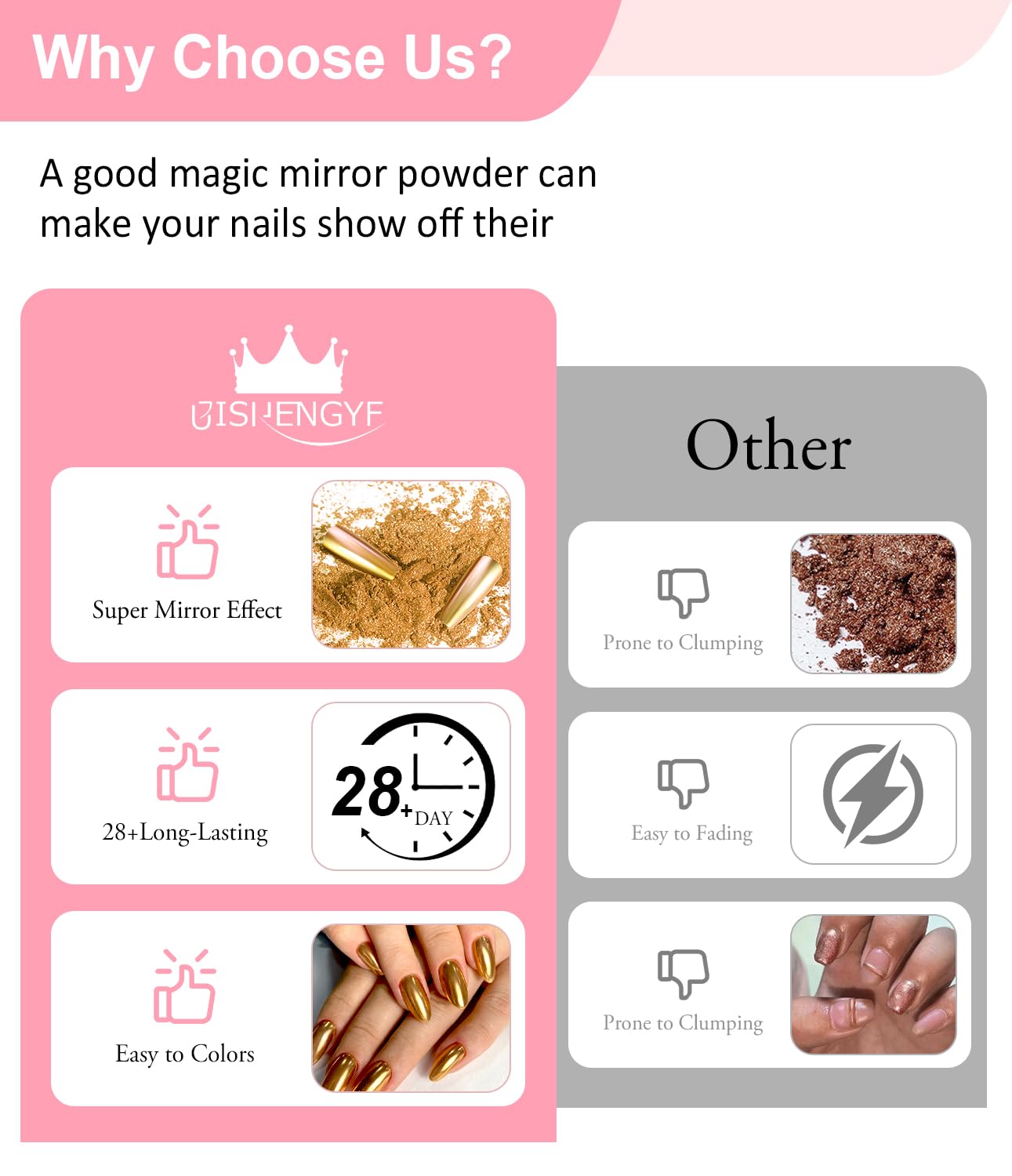 Chrome Nail Powder -【Super Metallic Mirror Effect】Pink White Gold Chrome Powder Shiny Nail Glitter Chrome Powder Nail Powder Pigment for Nail Art Design Decoration