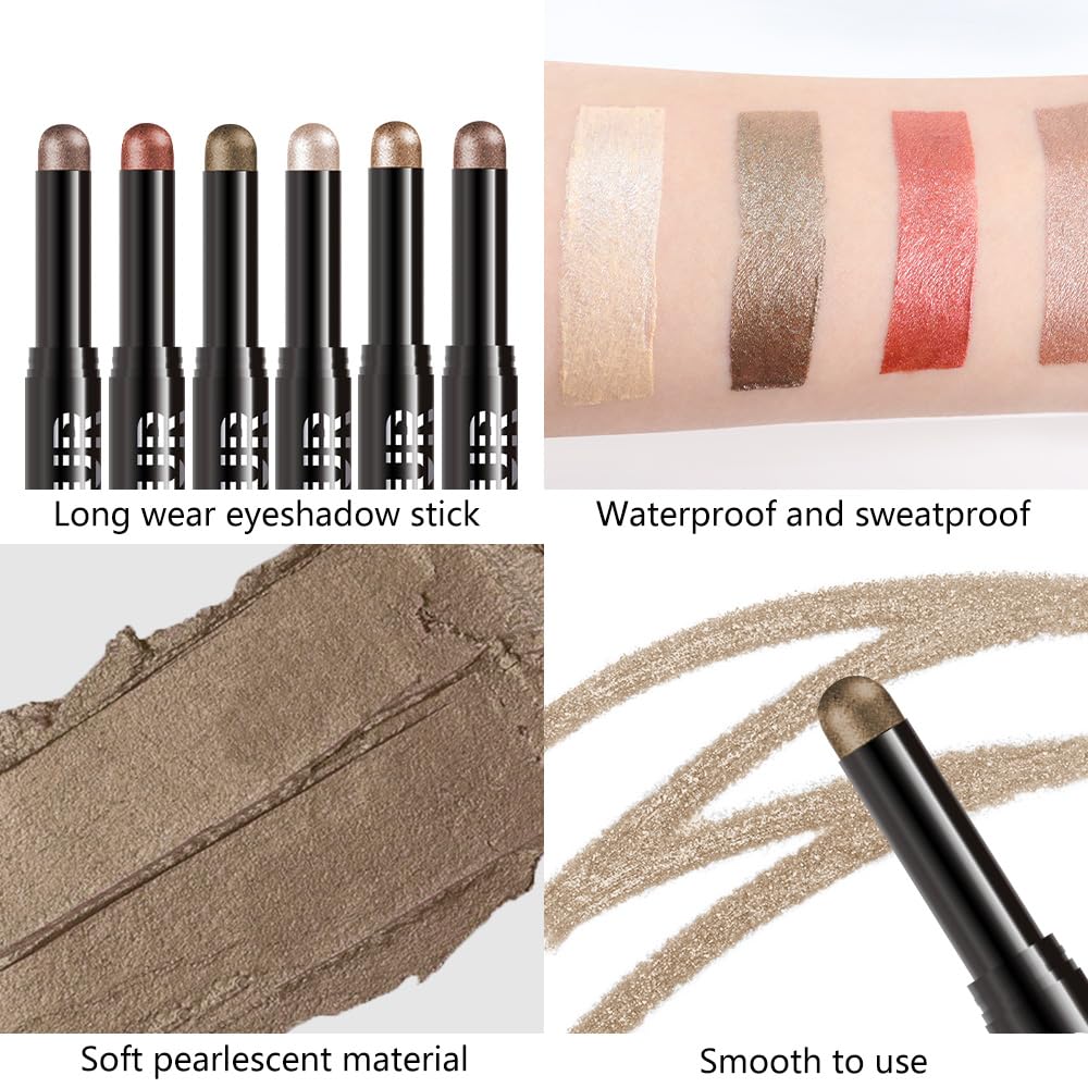 6Pcs Cream Eye Shadow Sticks Makeup for Women, Nuetral Nude Red Metallic Dark Kakhi Green Beige Brown Rosy Brown Shimmer Matte Eye Shadow Brightener Stick for Eyes, Waterproof Eyeshadow Pencil Set02