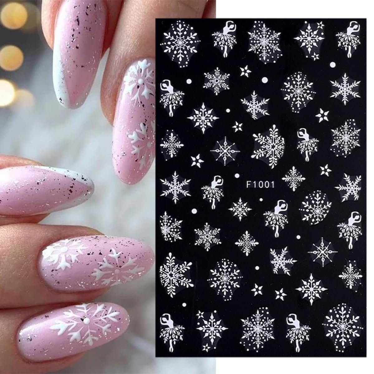 8 Sheets Gold Snowflakes Nail Art Stickers 3D Self-Adhesive Christmas Stickers Winter Nail Decals White Gold Designs Elk Snowflake Nail Supplies Holiday Nail Sticker for Nail Art DIY Christmas Nails