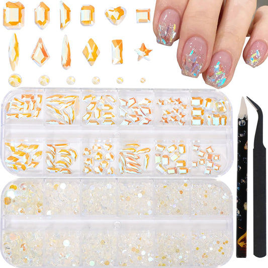 HNUIX Nail Rhinestones - 3D Multi Shape Size Crystal, Crystal Aurora Nail Gems, Flat Back, with Kit, for Nail Art, DIY Decorations