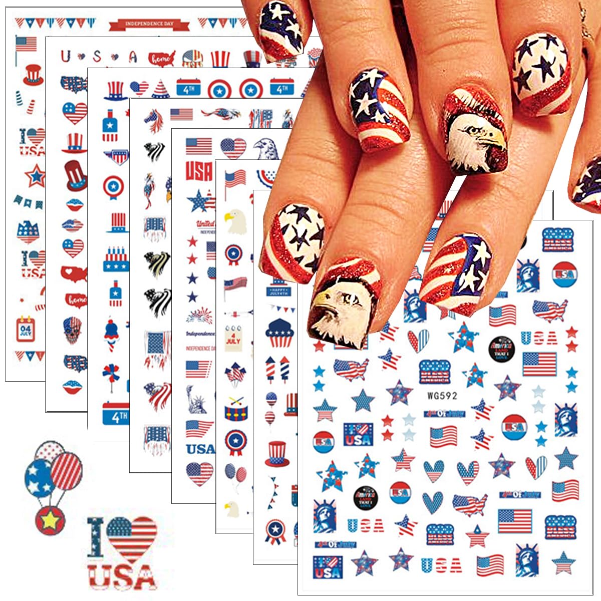 4th of July Nail Stickers, 8 Sheets American Flag Independence Day Nail Art Stickers 3D Self-Adhesive Stars Fireworks Heart Nail Design Stickers Patriotic Holiday Nail Decals for Nail Art Decoration