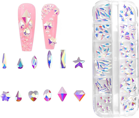 120pcs Flatback Rhinestones Glass Charms Diamantes Gems Stones for Nail Art Box Multi Shapes Transparent AB