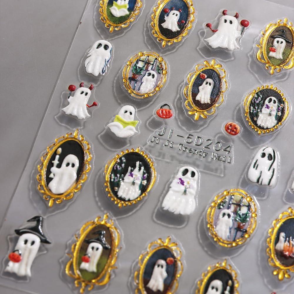 Halloween Nails Stickers White Ghost Nails Sticker 5D Embossed Cute Ghost with Gold Frame Self Adhesive Sticker Nail Decals Pumpkins Nail Art Decal Halloween Decals for Nail DIY Manicure 1Sheet