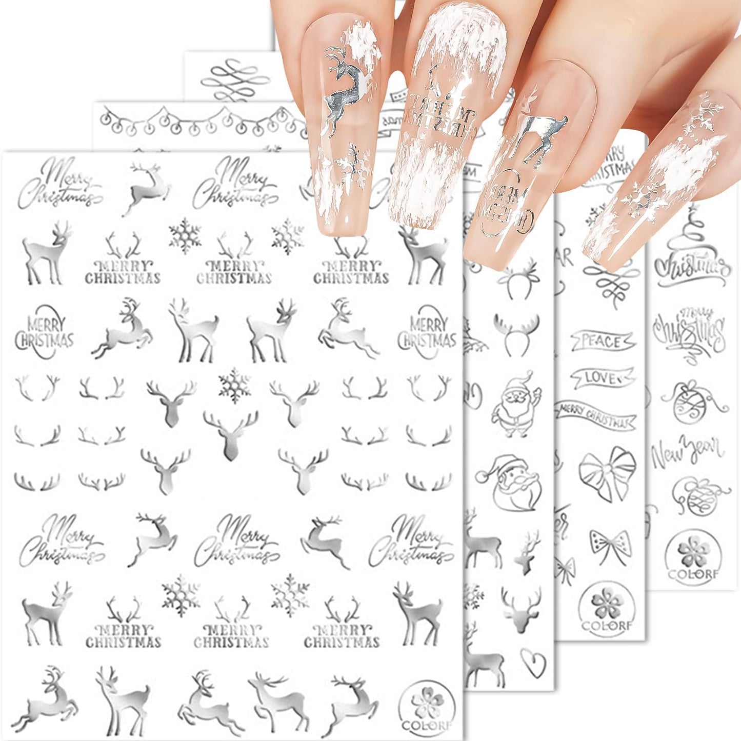 HNUIX Nail Stickers - 3D Christmas, Self Adhesive Nail Decals, Multi Pattern, Silver, 9 Sheets, for Nail Art