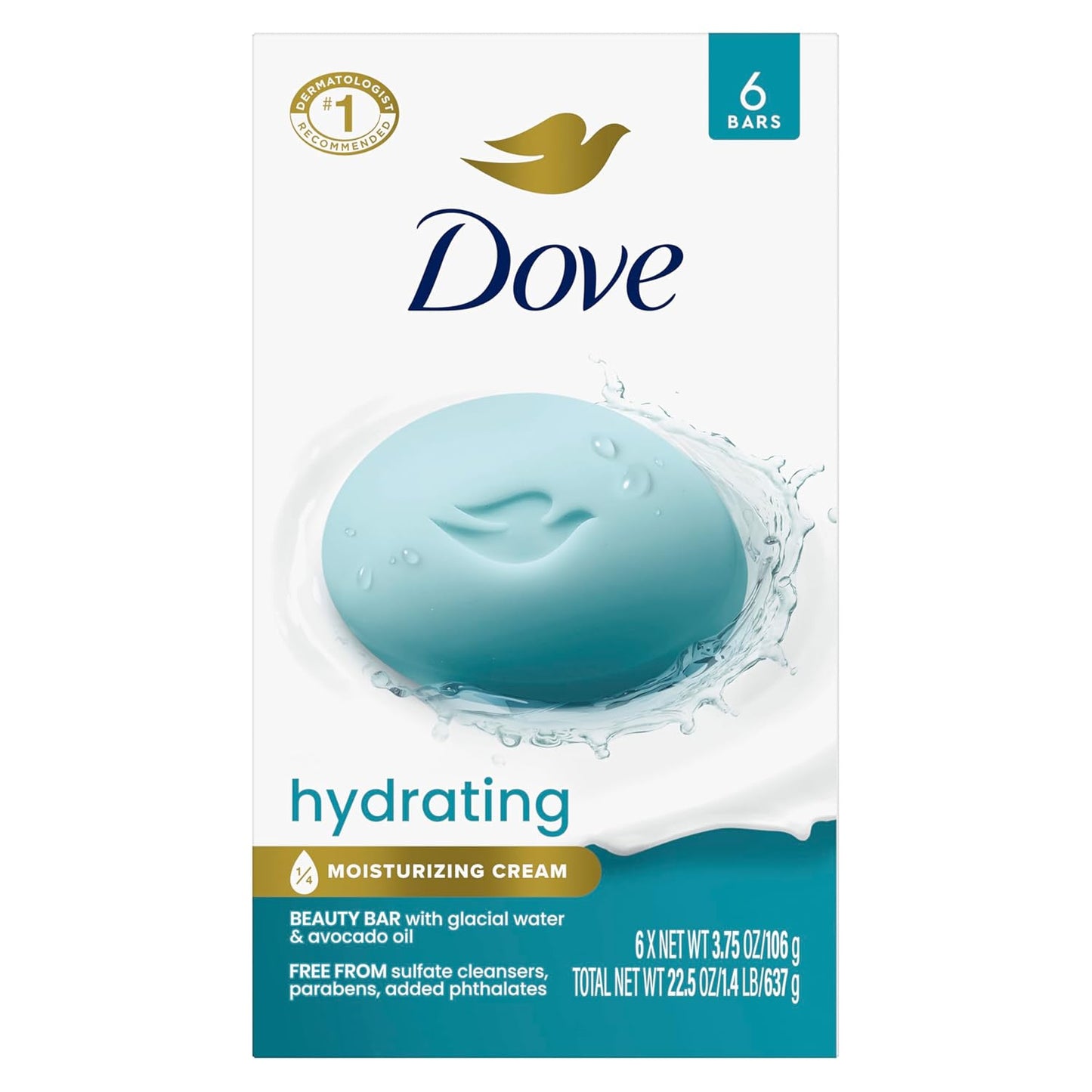 Dove Beauty Bar 6 Pack Hydrating with Glacial water & Avocado oil Cleanses & Hydrates 3.75 Oz