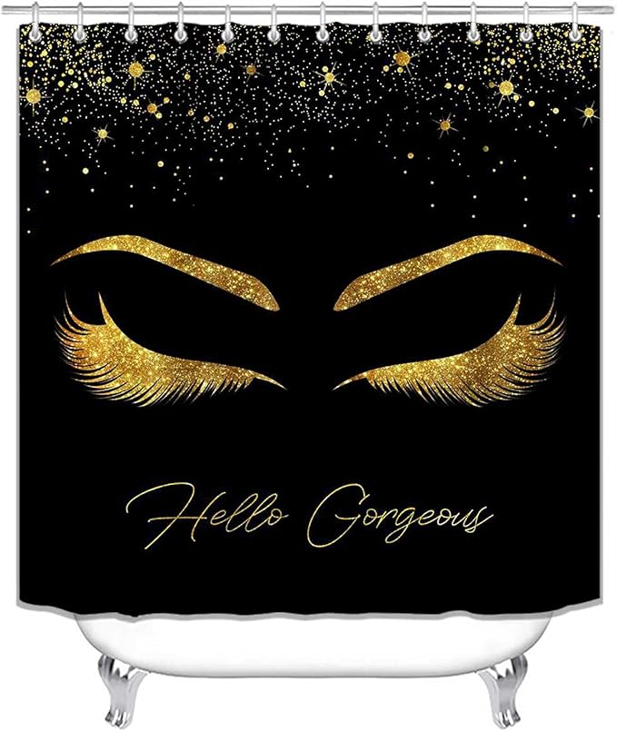 4PCS Unicorn Eyelash Shower Curtain Set, Luxury Gold Glitter Eyebrow Makeup Confetti Hello Gorgeous Glam Modern Fashion Black Women Bathroom Decor, Non-slip Bath Mat Toilet Rug, Gold Eyelash