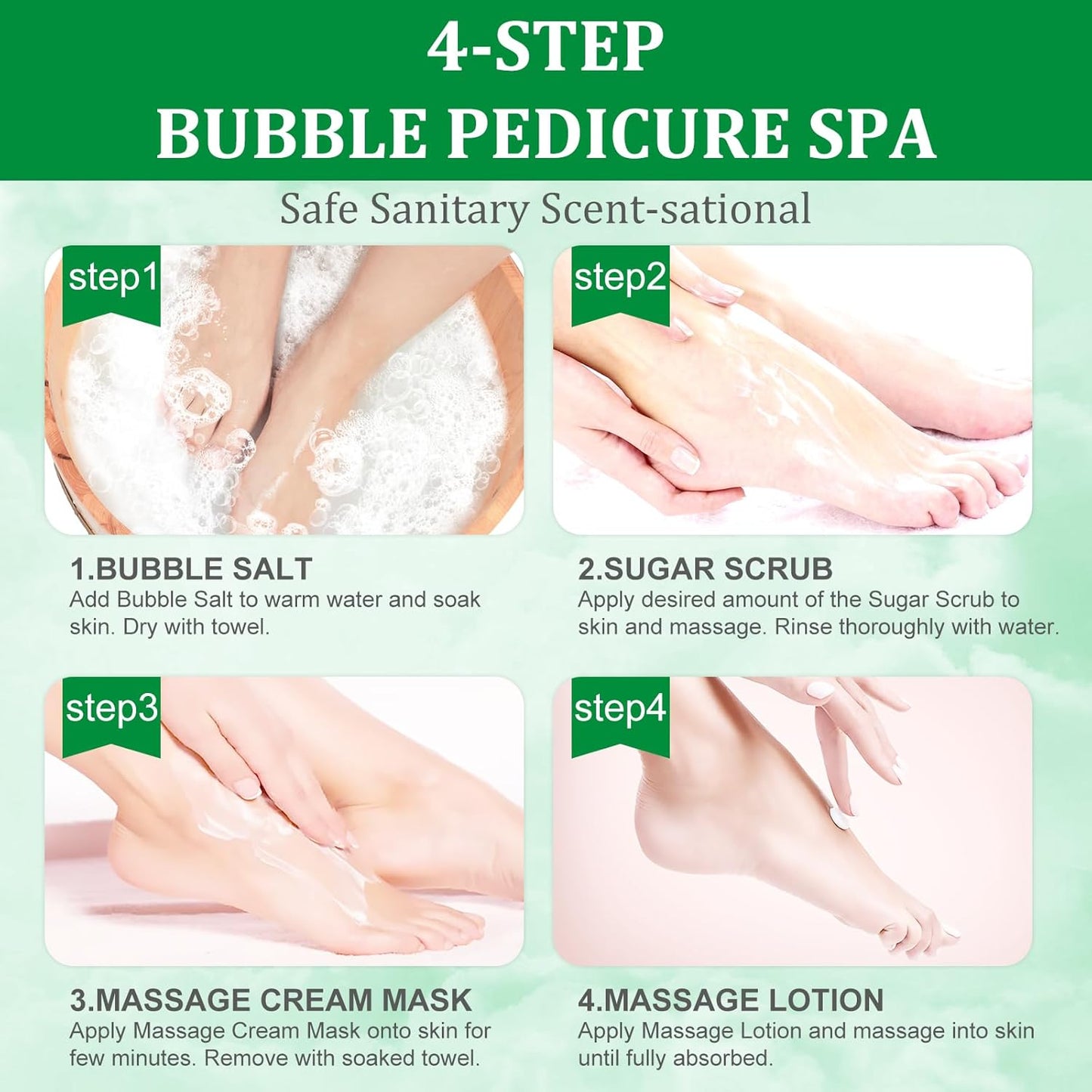 Pedicure Kit Foot Soak Set: Bubble Salt, Sugar Scrub, Massage Mask, Massage Lotion in a Box, 4 Step Foot Spa Kit for Dry Feet,Tired Feet（3 Set Green tea)