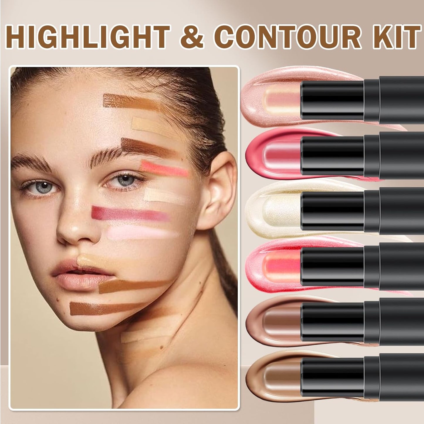CAHIUYOA 6 Colors Cream Contour Kit with Bronzer and Highlighter Sticks, Beginner & Professional Makeup Set with Sponges and Multifunctional Brush