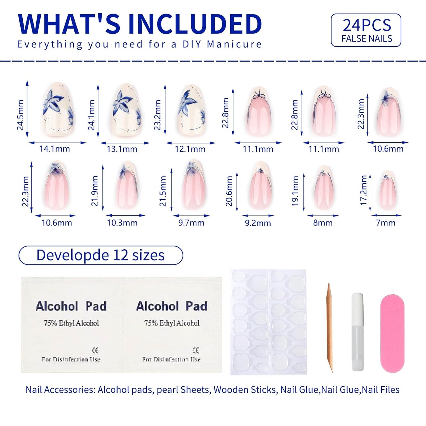 French Short Press On Nails Almond, Nude Fake Nails with Beige French Tip and Graceful Blue Floral Petal Design, Glossy Gel Finish Acrylic Nails, Natural Reusable Glue On Nails Kit for Women, 24 Pcs