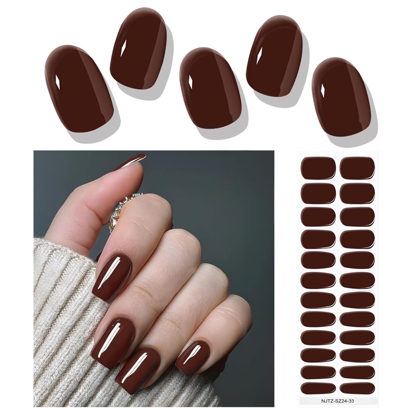 EBANKU 24Pcs Semi-Cured Gel Nail Strips,Chocolate Nail Sticker, Lasting Waterproof Full Wraps Stickers for Salon Manicures, Perfect for Women, Girl with Nails File and Nails Stick