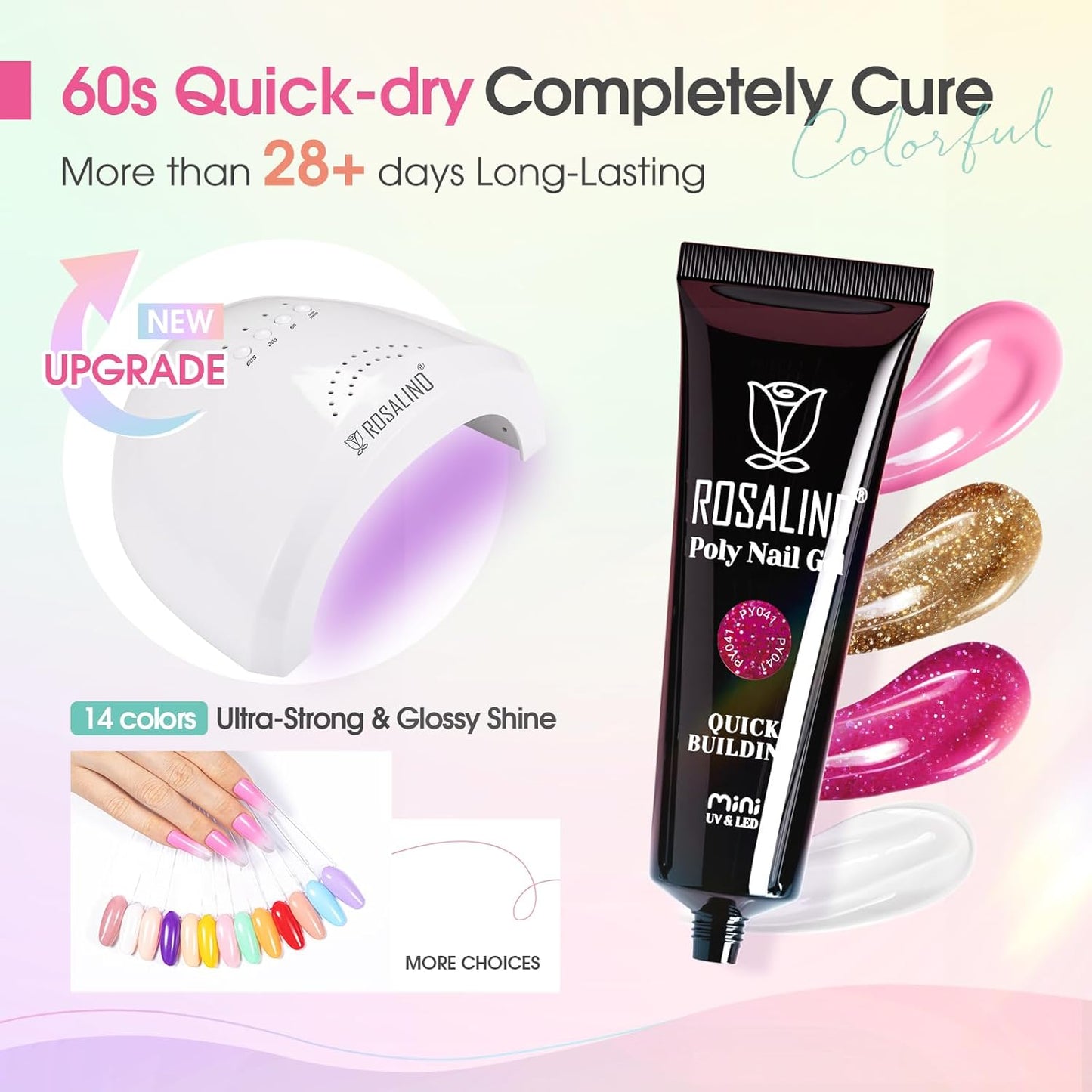 ROSALIND Poly Nail Gel Kit, 14 Colors Clear Nude Glitter Poly Nail Gels Kit with U V Light Poly Nails Gel Starter Kits For All Seasons Beginner DIY at Home