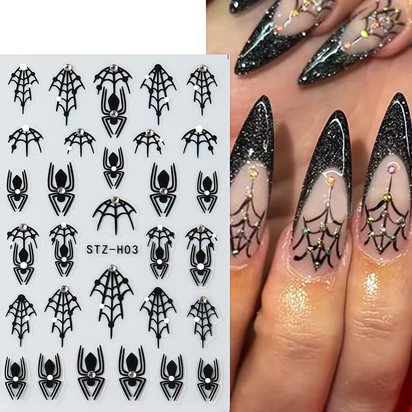 6 Sheets Shiny Crystal Diamonds Spider Nail Art Stickers Halloween Nail Stickers Self-Adhesive Spider Web Spiders Heart French Tip 3D Nail Art Design Decals Festival DIY Manicure Decoration for Women