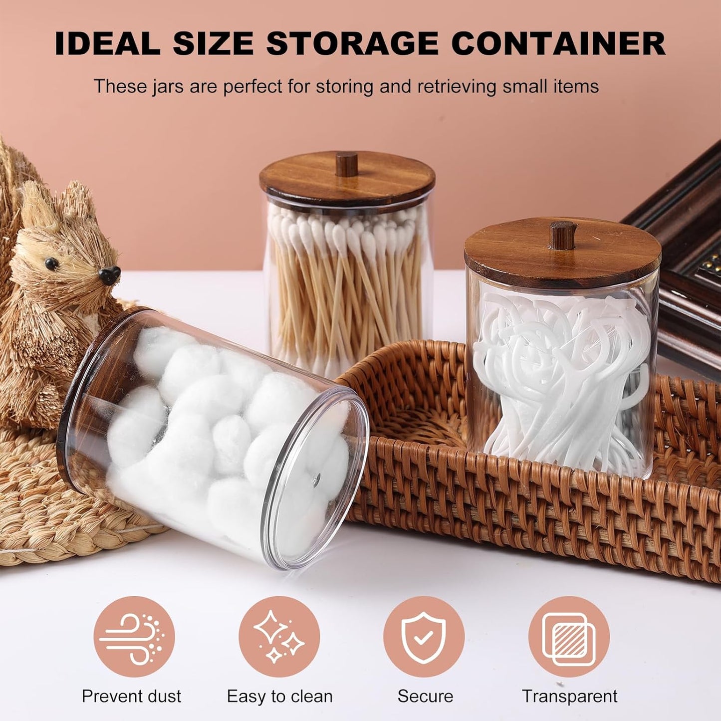 4 Pack Qtip Holder Dispenser with Wood Lids - 10 oz Clear Plastic Apothecary Jar Containers for Vanity Makeup Organizer Storage - Bathroom Accessories Set for Cotton Swab,Pads, Ball, Floss