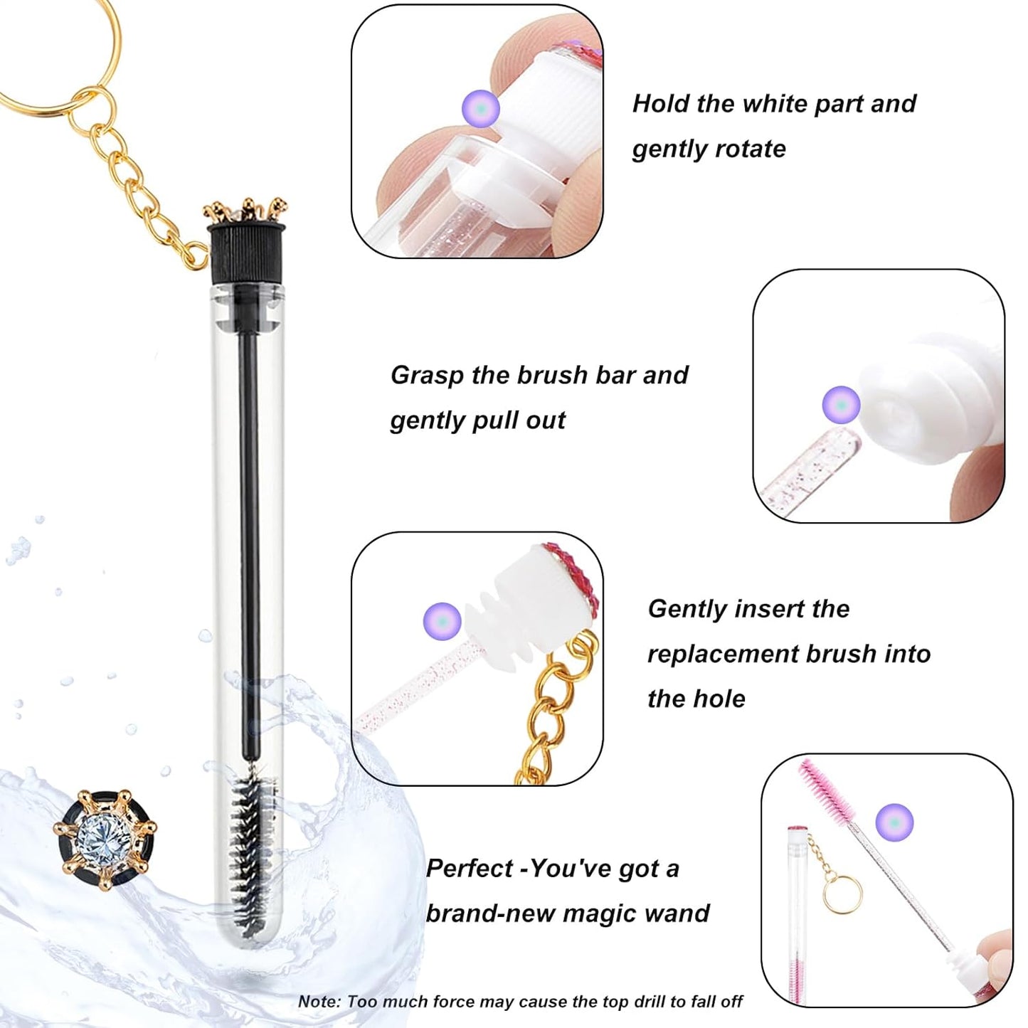Upgrade 48 Pieces Disposable Mascara Wands Set,Diamond Mascara for Women and Girls- Include 24 Pcs Crystal Lash Spoolies Brush and 24 Pcs Reusable Keychain Empty Eyelash Brush Tubes