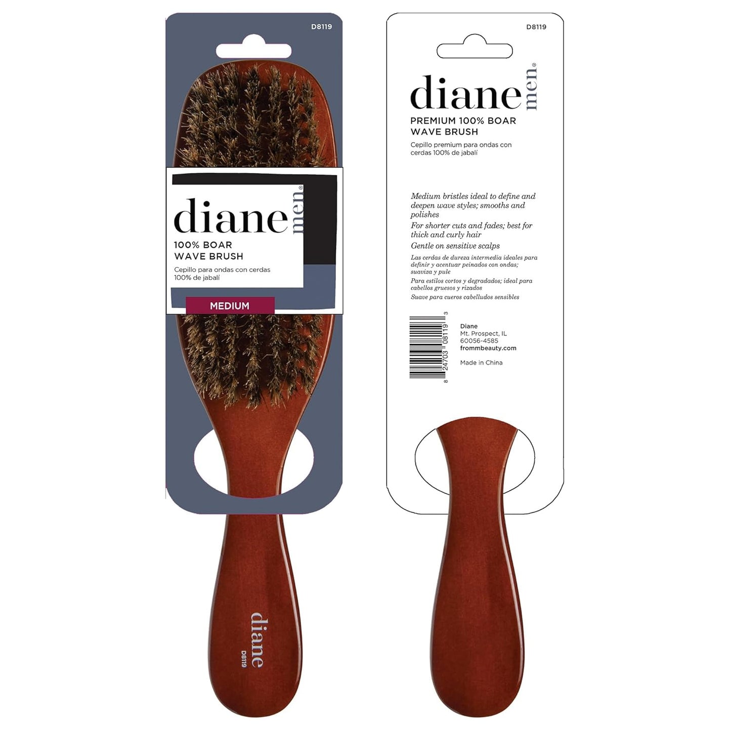 Diane Premium 100% Boar Bristle 7 Row Wave Brush for Men and Barbers, Medium-Firm Bristles for Thick Coarse Hair, Detangling, Smoothing