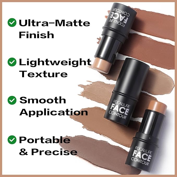 FOCALLURE Cream Contour Stick, Matte Bronzer Stick, Professional Face Shaping & Contouring Stick Makeup, Easy to Apply with Buildable Coverage, Long Lasting & Sweatproof, OAT