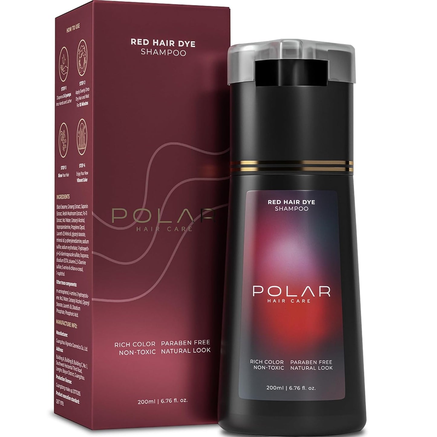 Polar Haircare - Hair Dye Shampoo for Gray Hair for Women & Men (Red) Natural Hair Dye Kit - Semi Permanent Hair Dye Shampoo - Vegan Hair Dye USA 6.76 Fl Oz