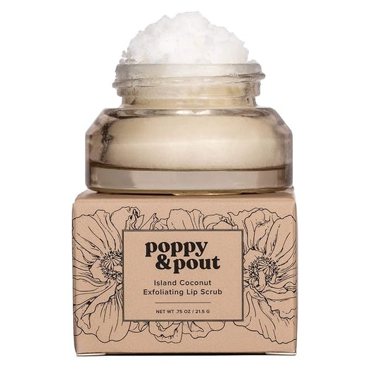 Poppy & Pout Natural Lip Scrub, Moisturizing Sugar Scrub for Dry Lips, Lip Scrubber Exfoliator with Essential Oils Smooths and Hydrates Lips, In Recyclable Glass Jars, Cruelty Free - Island Coconut
