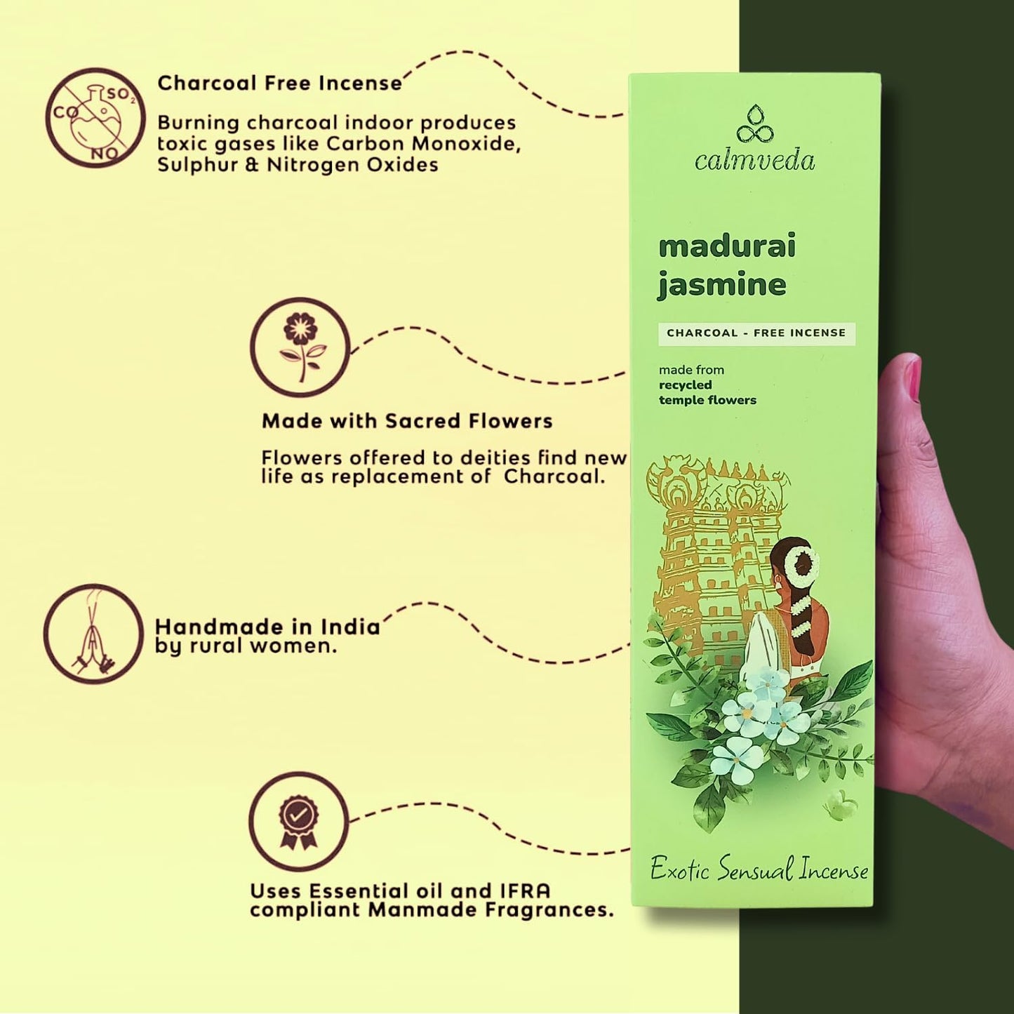 Madurai Jasmine Incense Sticks Exotic - Sensual Aroma (80 Sticks) Charcoal Free Incense, Made from Upcycled Flowers | Rich Decadent from Green, Fruity Yet Creamy Floral | Kama or Love Incense Sticks