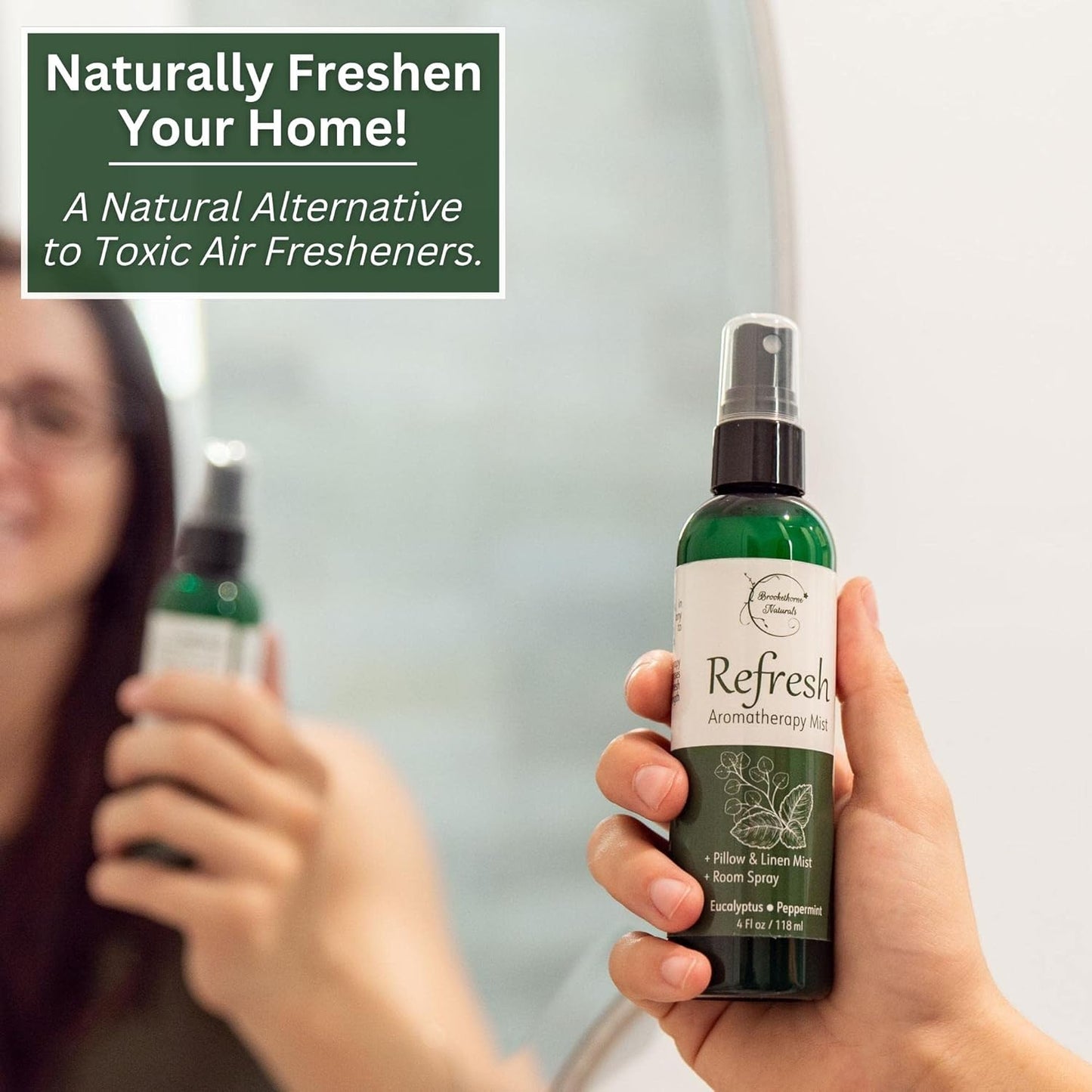 Refresh Aromatherapy Room Spray & Pillow Mist. Peppermint & Eucalyptus Essential Oil Spray, Linen Mist, Natural Car Air Freshener Bathroom Freshener & Closet Deodorizer by Brookethorne Naturals